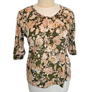 Women's 1X Blouse CJ Banks Peach Olive Floral Gathered Round Neck 3/4 Sleeve